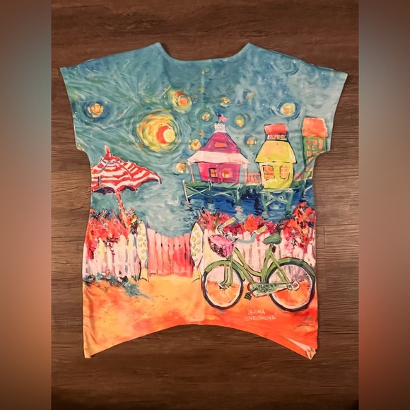 LEOMA LOVEGROVE Short Sleeve Florida Girl Tiki Resort Vacay Top Petite Med I2 - Picture 2 of 8